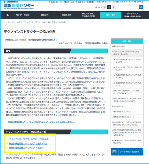 図２　「テクノインストラクターの能力体系」の概要ページ